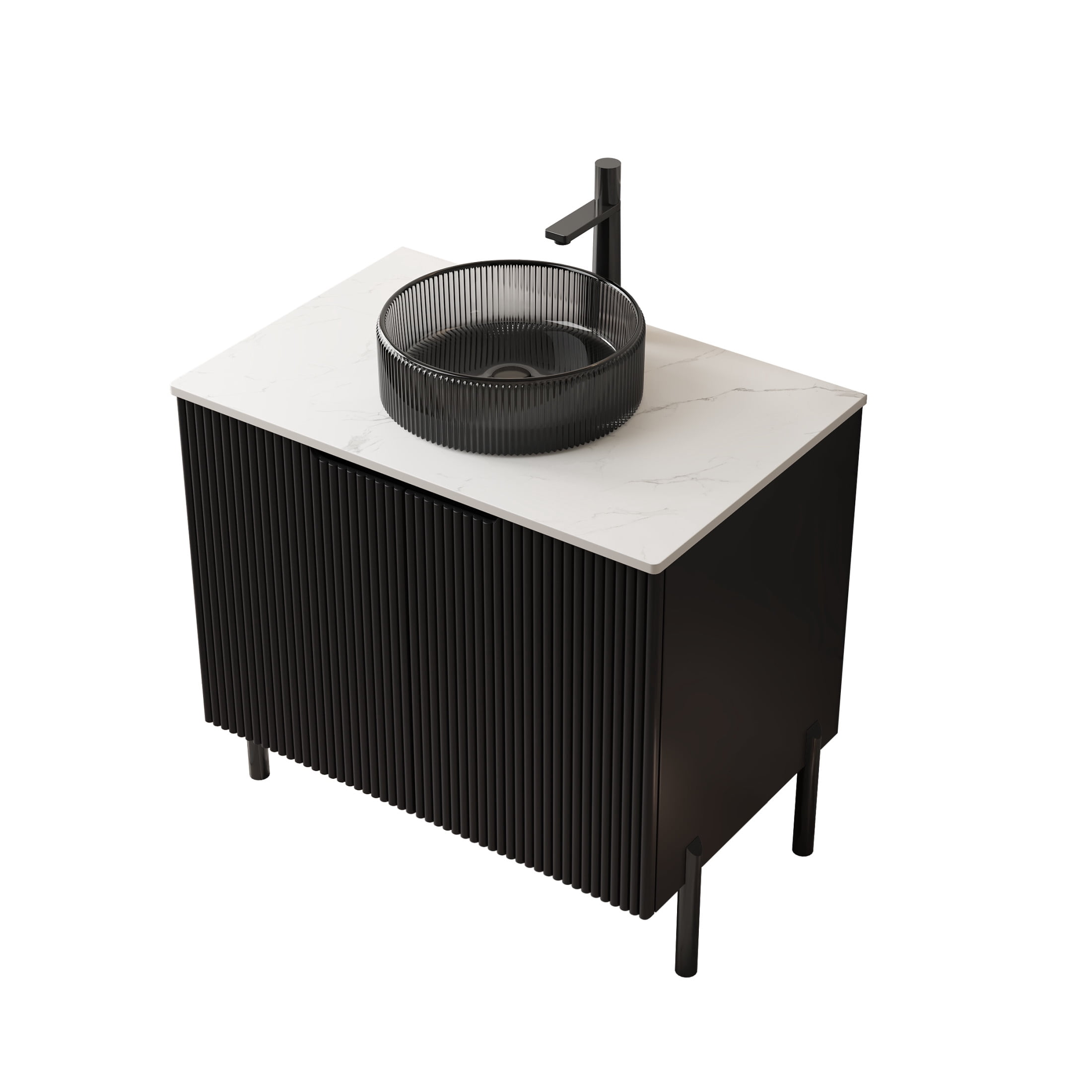 Noble House TURIO 30" Bathroom Vanity with Sintered Stone Countertop, Storage Cabinet, Black Glass Round Basin, Black