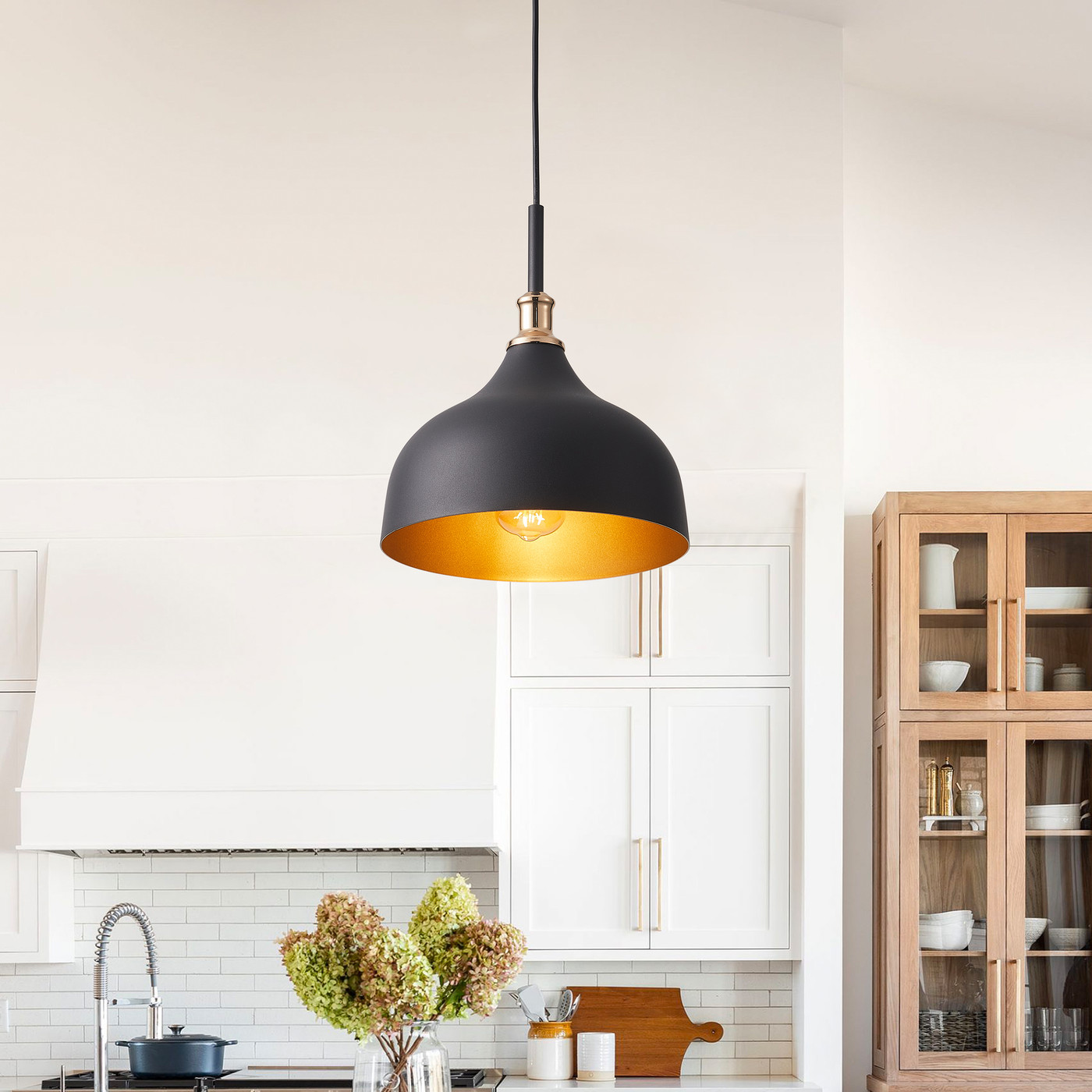 Aiwen Black Finish Chandelier Pendant Lamp Metal Dome Shade Hanging Light Fixture