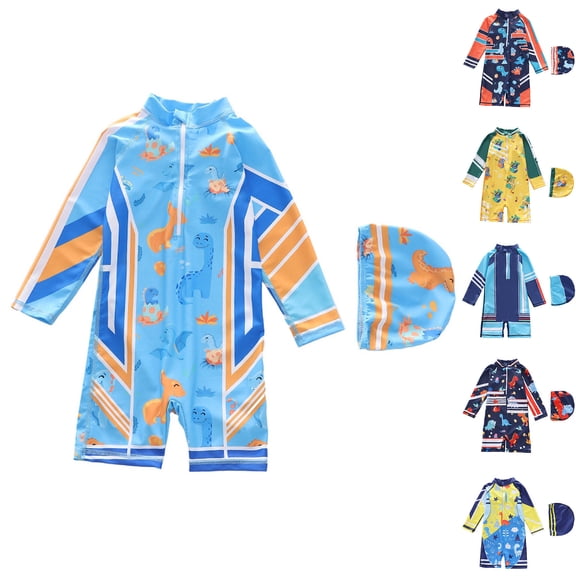 Gelikeya Toddler Baby Boys Swimsuit Summer Beach Rash Guard Swimwear Long Sleeve One Piece Sunsuit with Hat 1-8Y Green 4-5 Years
