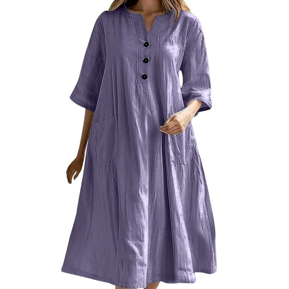 Lenpel Women's 3/4 Sleeve Dresses Casual Loose V Neck Half Button Flowy A-Line Dress Midi Shirt Dress with Pockets