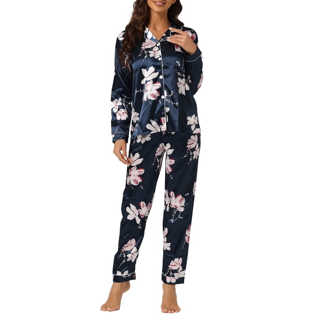 Pijamas de satén para mujer INSPIRE CHIC, ropa de dormir de manga larga con pantalones, conjuntos de lounge con botones y estampado floral en azul marino