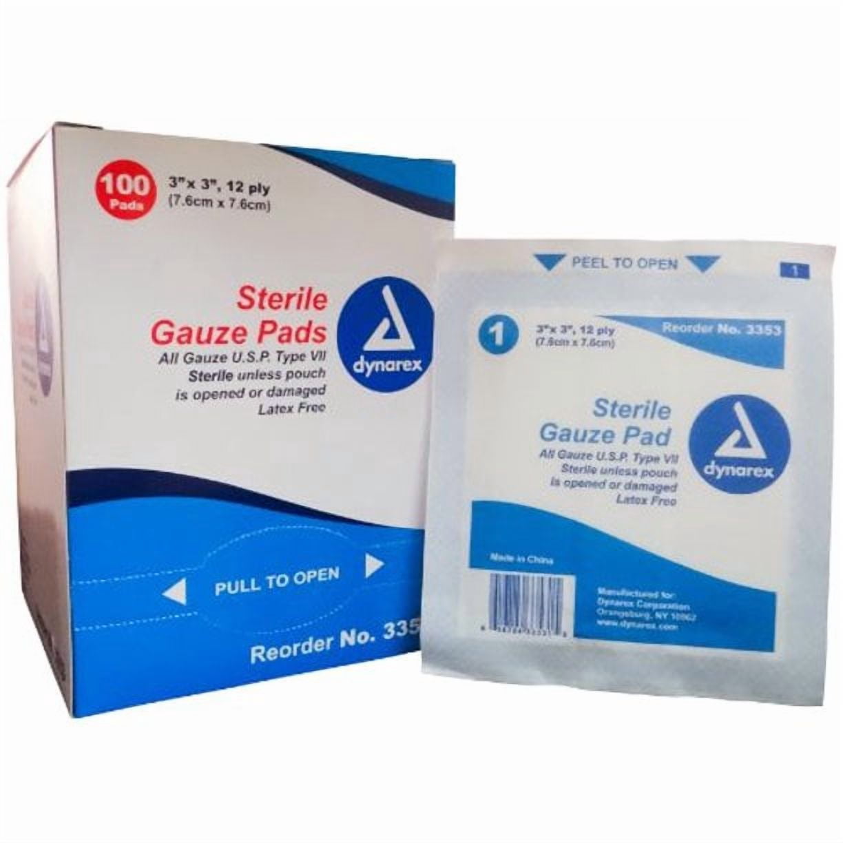 4 Pack Dynarex Sterile Gauze Pads 3"X3" 12-Ply Single #3353 100 Bandages Ea