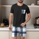 thumbnail image 3 of Mens Slim Fit Manga Corta Botón Abajo Camisas Cuello Redondo Impresión Set Deportivo, Cintura Elástica Traje Casual, 3 of 6