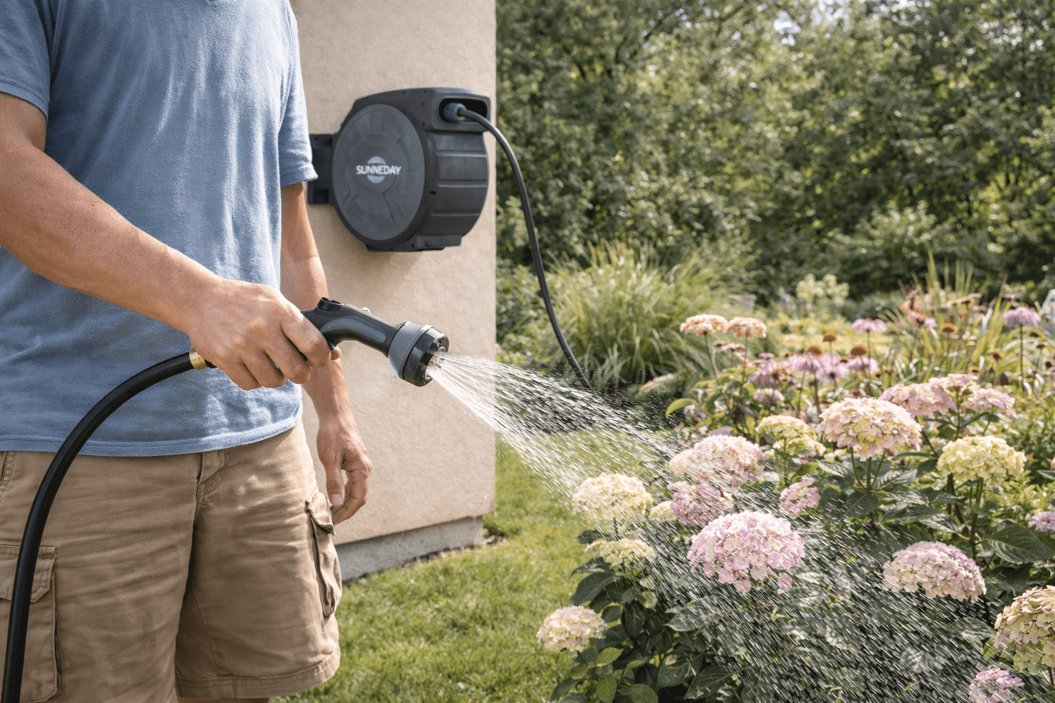 Sunneday 100ft Retractable Hose Reel 5/8 | Automatic Retractable Hose Reel w/Wall Mount | Easy to Assemble Water Hose Reel w/Flexible Swivel Mount | Retractable Garden Hose Reel (100ft.Black/Gray)