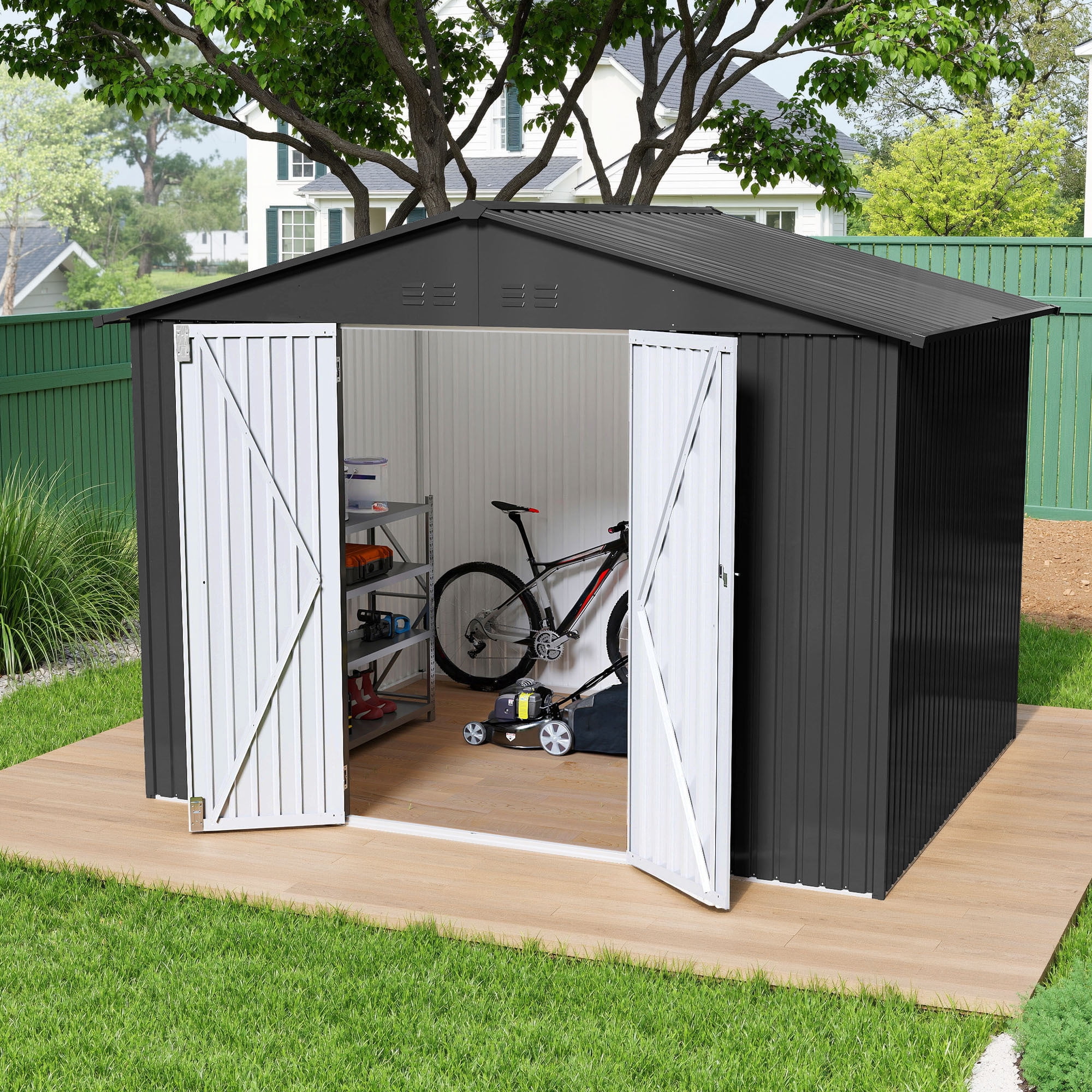 Uforic Outdoor Storage Shed, 7' x 5' Heavy-Duty Steel Tool Shed with Lockable Double Doors and Sloped Roof, Large Organizer for Garden Backyard Patio, Dark Gray