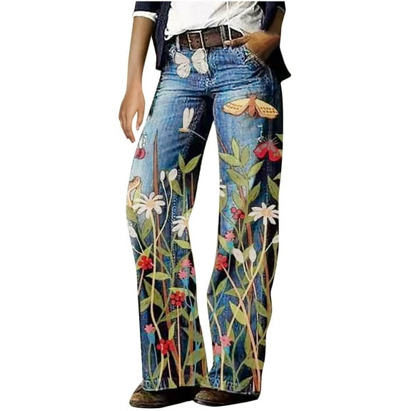 Oplxuo Womens Denim Printed Floral Graphic Elastic Waist Palazzo Pants Casual Loose Wide Leg Zipper Trousers with 2 Pockets