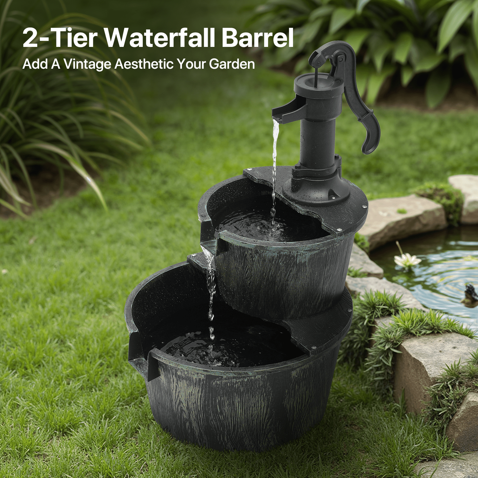 OSM Outdoor Water Fountain, 27" Tall 2-Tier Barrel Design with Waterfall and Electric Pump, Freestanding Water Feature for Garden, Patio, Backyard, Porch, 11 L Capacity, Dark Green
