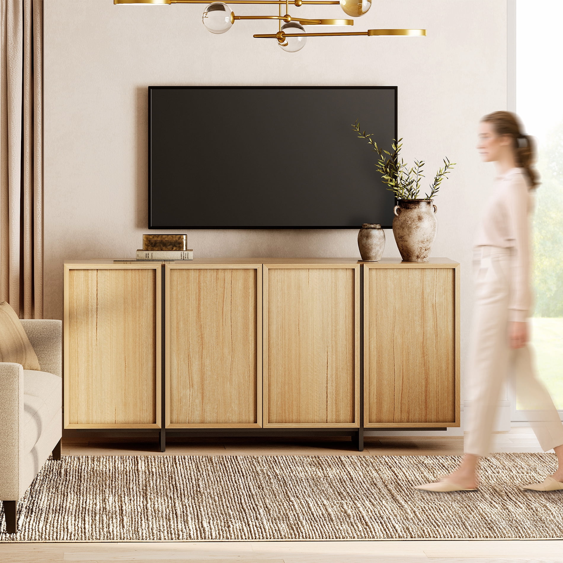 WAMPAT Modern TV Stand - Entertainment Center Console for 70" TVs, with 4 Closed Storage Doors & T-Shaped Wood Legs, Media Cabinet for Living Room & Bedroom，Oak