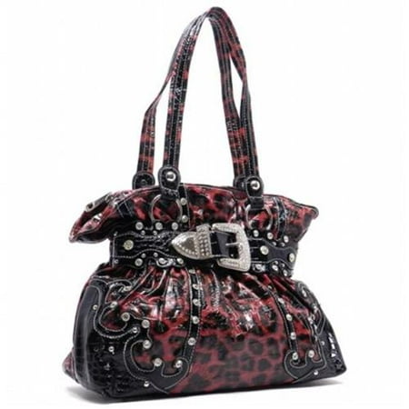 Ritz Enterprises BT940-FU-LP Western Leopard Print Bling Shoulder Bag With Rhinestone Belt Buckle Front - Fuchsia