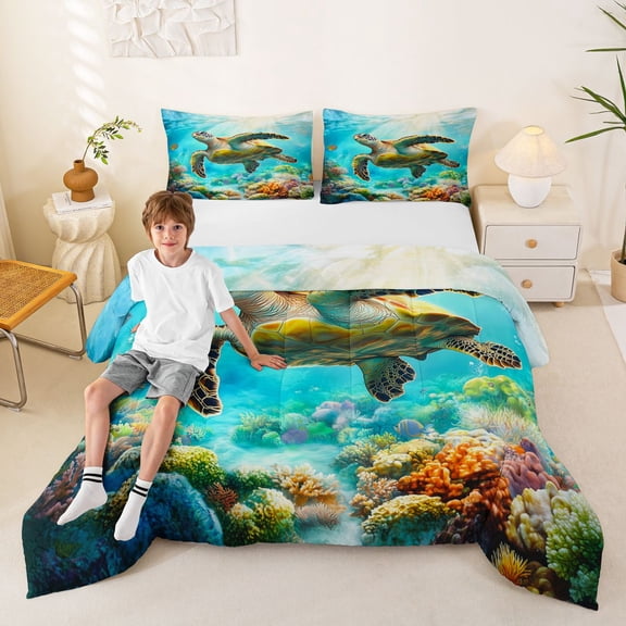 Manfei Sea Turtle Queen Comforter Set for Kids Boys and Girls, Marine Life Print Bedding Comforter Set, Navy Reversible 3-Piece, 1 Comforter and 2 Pillowcases