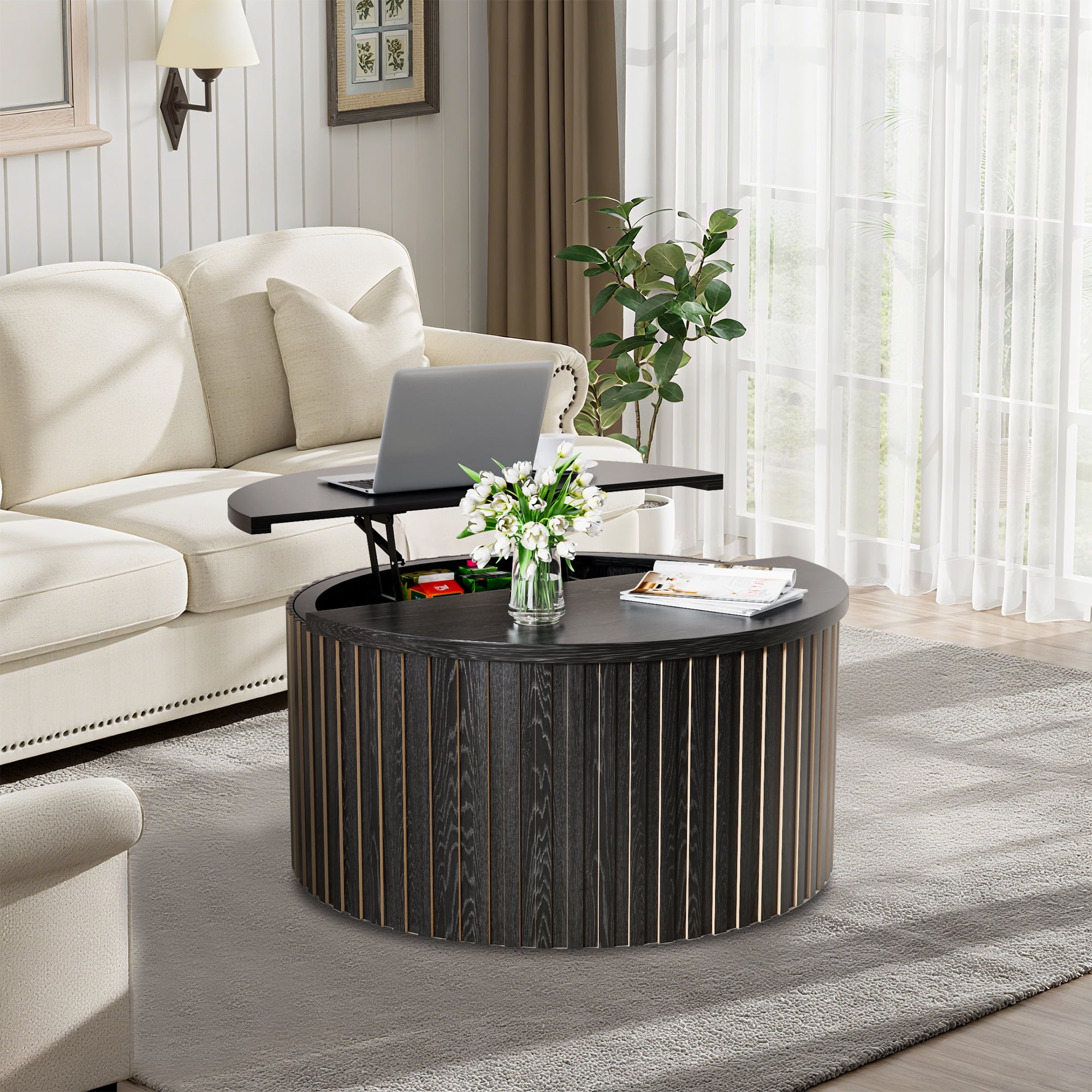 Round Coffee Tables for Living Room, Lift Top Coffee Table with Storage, Round Wood Center Table