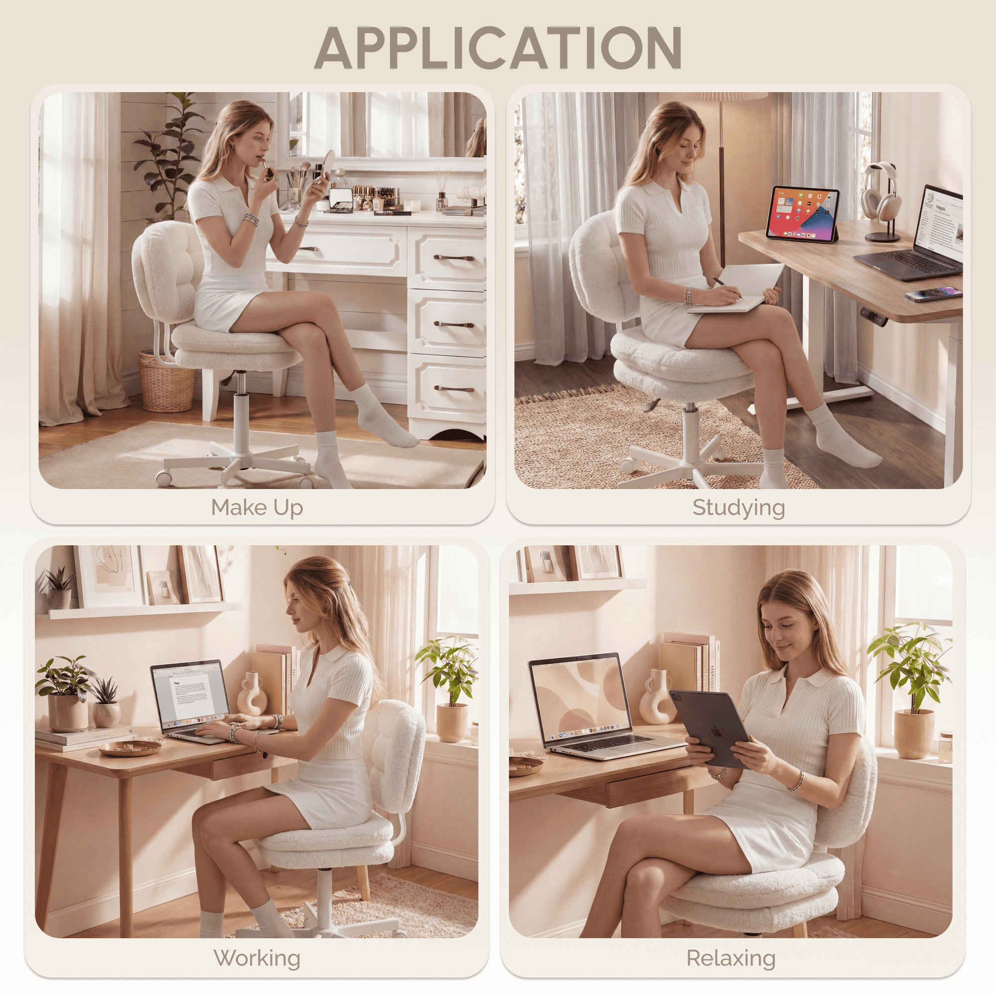 Goosea Office Desk Chair with Double-layer Thick Cushion and Backrest Vanity Chair, Armless Rotatable Computer Chair, Height Adjustable, White