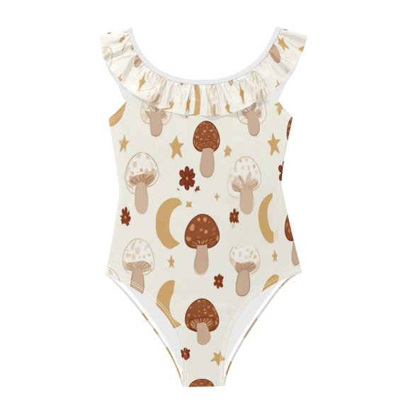Girls Ruffled One Piece Swimsuit Summer Beach Vacation Swimwear Tank Swimsuit Moon and Mushrooma