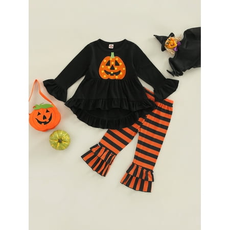 

Peyakidsaa Kid Infant Baby Girl Halloween Pumpkin Long Sleeve Ruffle Hem Dress Tops with High Waist Stripe Flared Pants