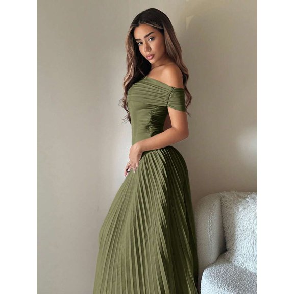 Army Green Off-Shoulder Solid Pleated Maxi Dress For Elegant Events