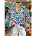 thumbnail image 2 of Unbranded Floral Print Slit Neck Bubble Sleeve Blouse Women's, 2 of 4