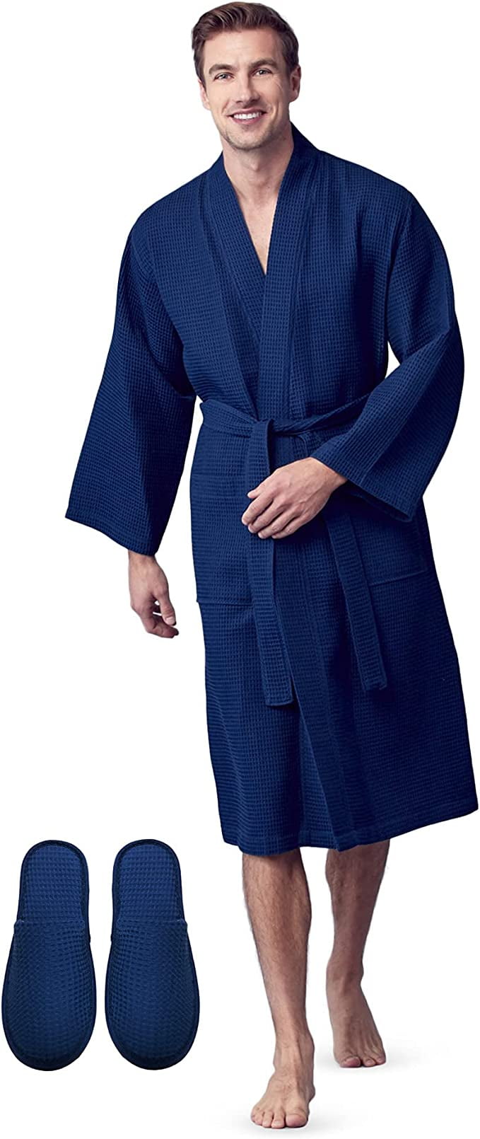 LOTUS LINEN Waffle Robes for Men Lightweight Cotton Spa Bathrobe