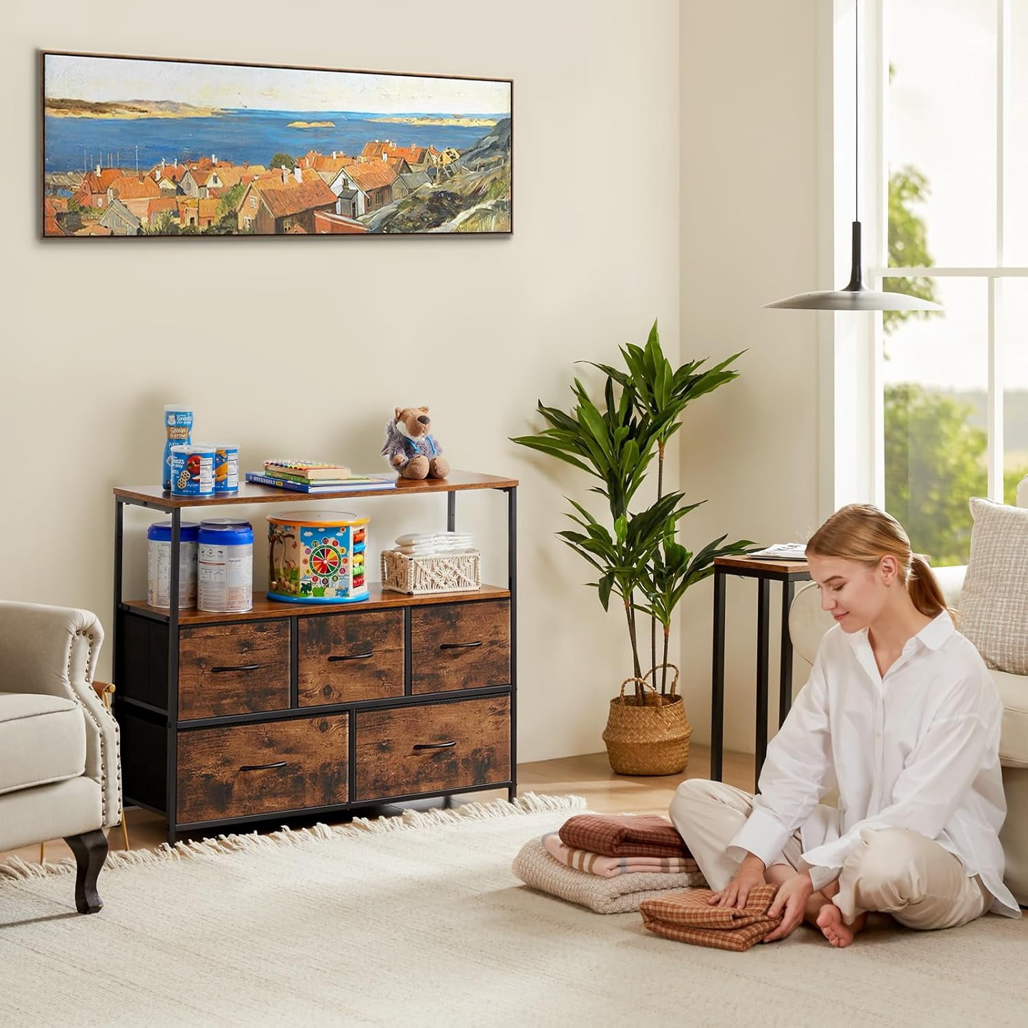 Bigleap TV Stand for Bedroom, TV Dresser for 45 inches, Media Console Table, Entertainment Center with 5 Fabric Drawers Cabinet and Open Storage Shelf Furniture Cabinet for Living Room, Brown