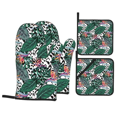 

Oven Mitts and Pot Holders Sets 4 pcs Hawaiian Style Green Leaves Non-Slip Oven Gloves Potholders Soft Quilted Lining Heat Resistant Gloves Hot Pads for Kitchen Cooking Baking
