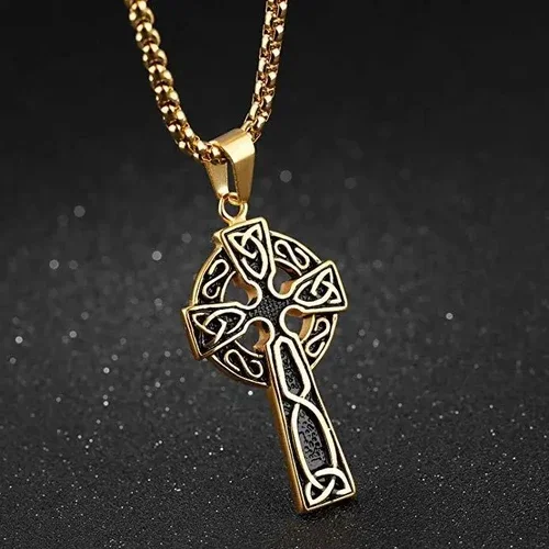 viking celtic cross pendant necklace 14K Yellow Gold  for men male statement punk vintage necklace fashion jewelry charm