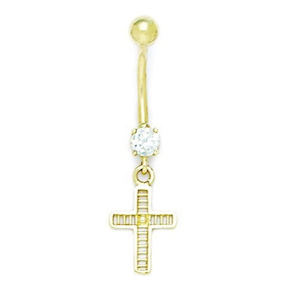 14k Yellow Gold Cubic Zirconia 14 Gauge Cross Body Jewelry Belly Ring - Measures 37x10mm
