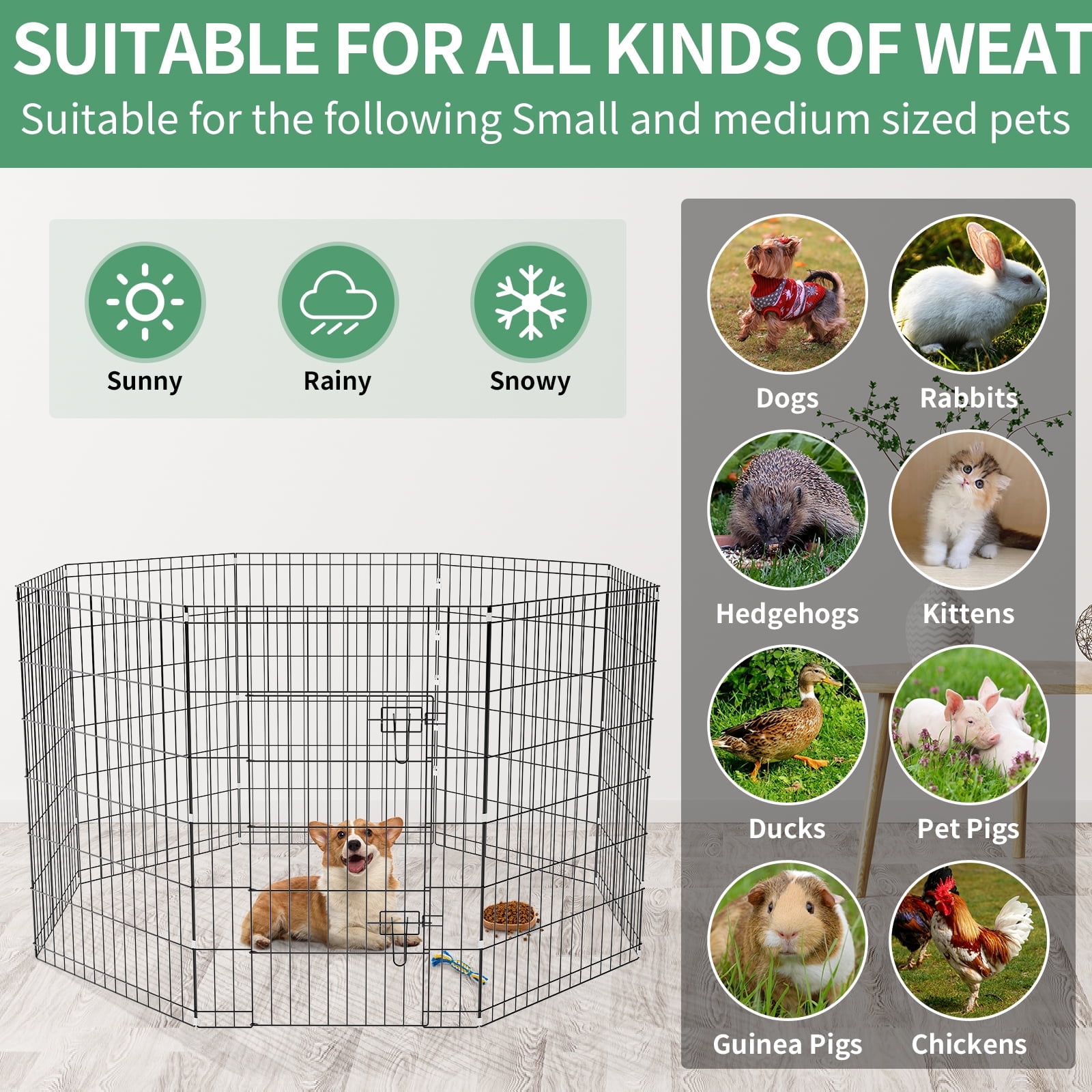 ZephyPaws 35.4in Foldable Pet Playpen, Expandable, Powder Coated Iron Metal Wire, Outdoor, for Dogs, Cats, Rabbits, Ducks, Turtles, Guinea Pigs, with 8 Panels