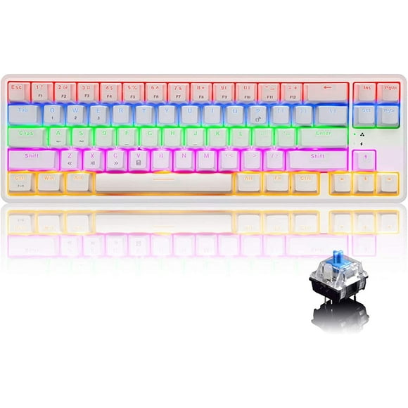 Bluetooth Mechanical Gaming Keyboard Rechargeable with Ant-ghosting Ergonomic Compact 68 Key Blue Switch Multi Color