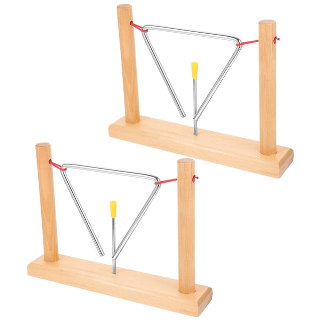 HEATSHAKING 2Sets Beginner Triangle Percussion Instruments with Metal Bells Wooden Stands and Strikers Beige