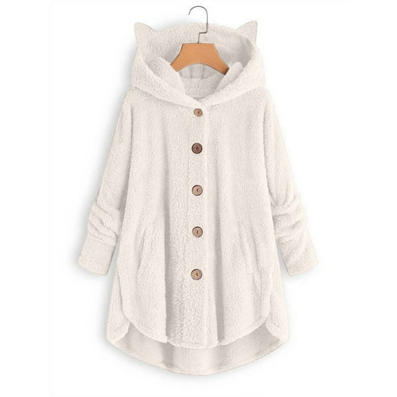 Idoravan Winter Coats for Women Plus Size Clearance Fashion Women's Button V-Neck Pullover Tops Long Sleeve Hooded Blouse Ciat Beige XL