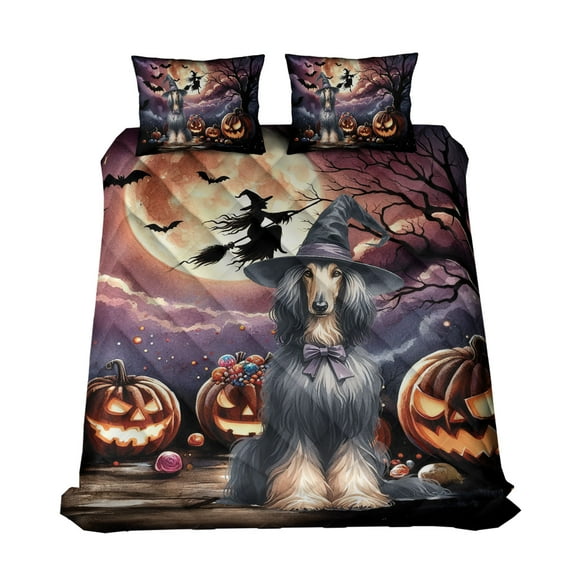 Spooky Halloween Night Witch Afghan Hound Glowing Pumpkins Quilt Bedding Set Dog Lover 1 Blanket Bed Cover 2 Pillowcases - 12015