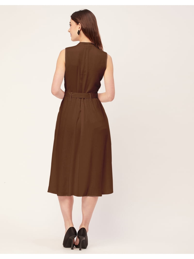 Moomaya Sleeveless Mandarin Collar Rayon Dress - Women's Elegant Flared Dress, Size: XL, Brown