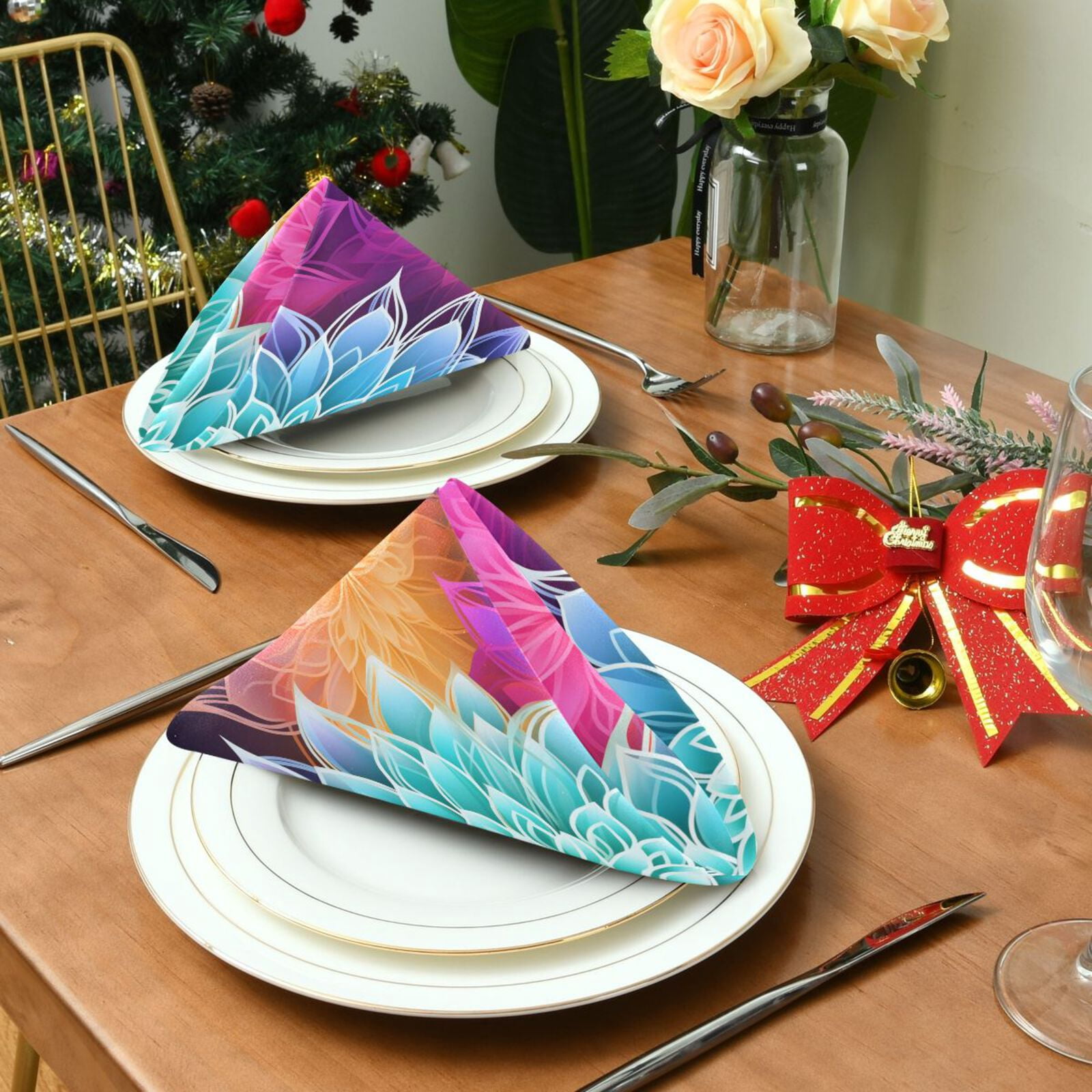 JSTEL Transparent Mandala Flowers Rainbow Cloth Napkins Set of 6, 20x20 Inch Washable and Reusable Napkin for Decoupage Dinner Party Everyday Use