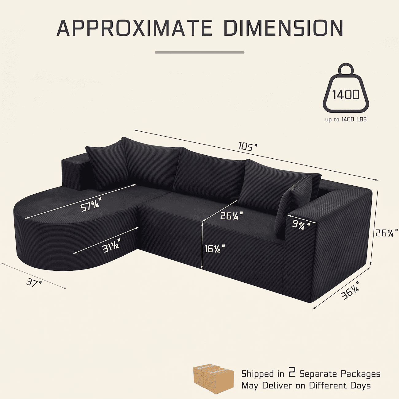 Xiweot 105" Modular Sectional Sofa, Cloud Couch with Chaise, Boneless Corduroy L Shaped Couch, No Assembly Deep Seat Sectional Sofa for Living Room Apartment (Right Chaise)
