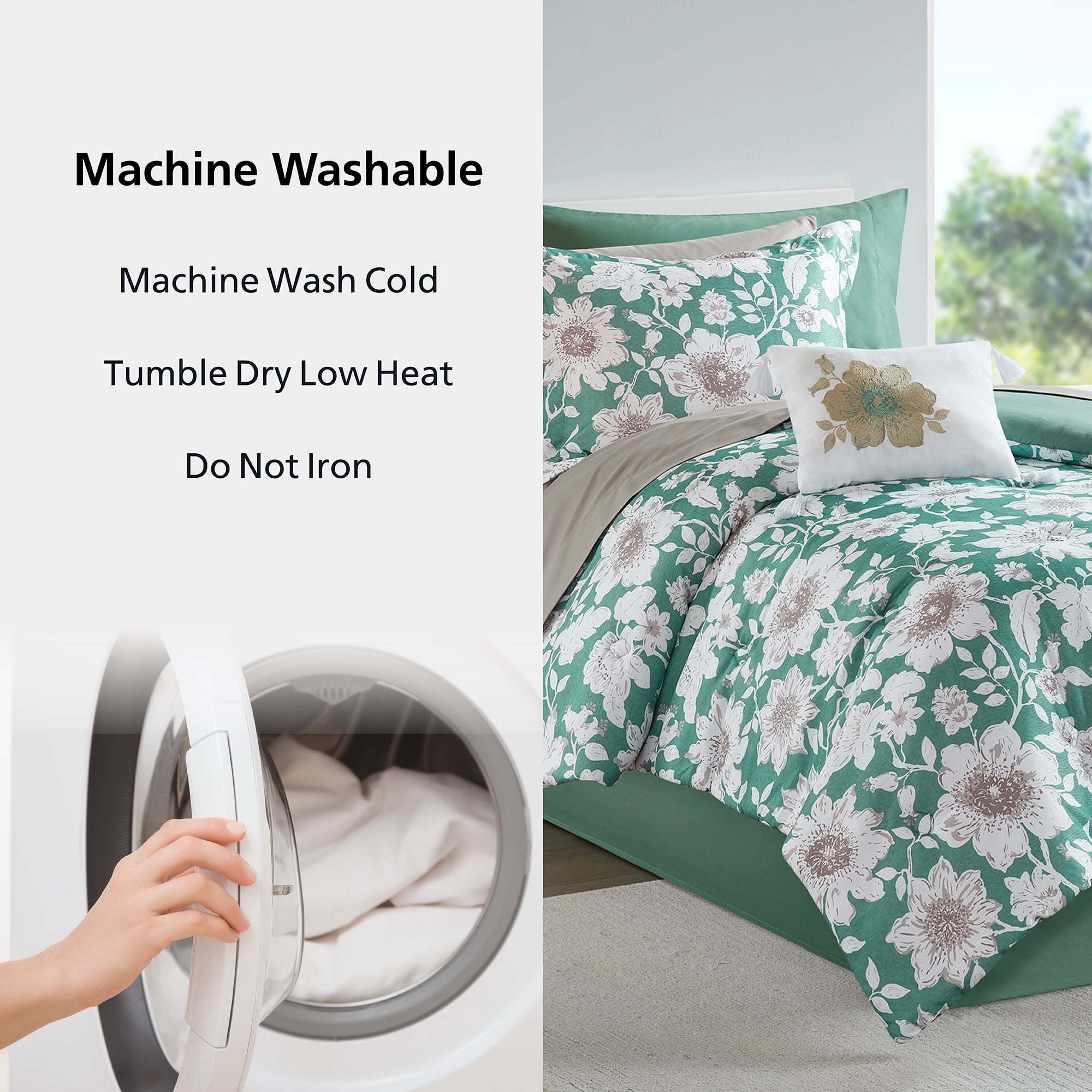 Mainstays All in One Reversible Comforter and Sheet set- 8 Piece, Twin, Green Floral