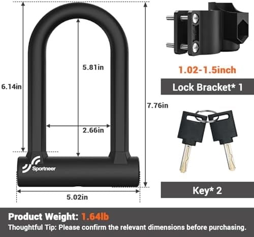 Bike Lock - 17mm Shackle Heavy Duty Anti Theft Bike U Lock with 2 Keys - Bicycle U-Locks with Sturdy Mounting Bracket for Road, Mountain, Electric & Folding Bike, Size 7.76''x5.02'' Black,Only U