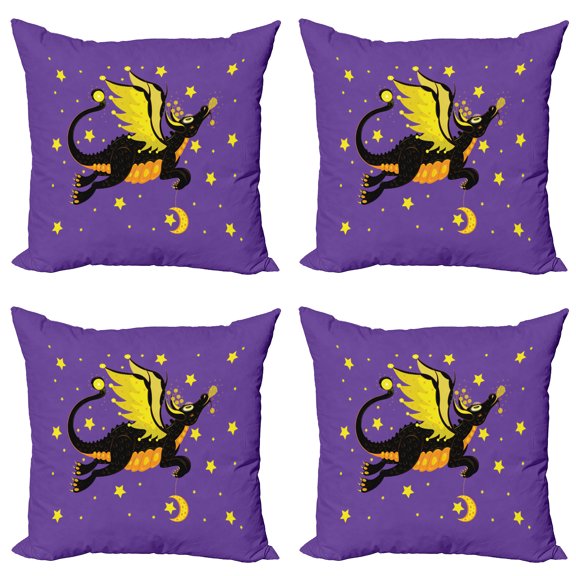 Ambesonne Dragon Throw Pillow Cover 4 Pack, Moon and the Stars at Night, 24", Blue Violet Yellow