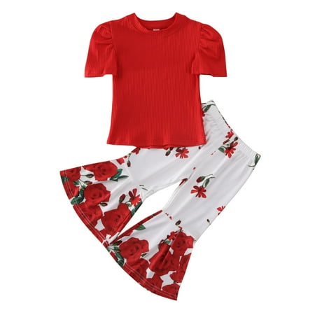 

Toddler Kids Girls Short Sleeve T-Shirt Top + Flower Print Long Pants Outfits