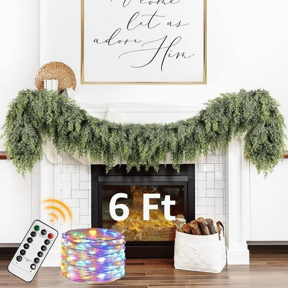Guvpev 6FT Artificial Cedar Christmas Garland with Lights for Mantel - Lighted Realistic Faux Pine Needles Garlands for Indoor Outdoor Xmas Decorations, Fireplace, Stairs, Wall, Seasonal Decor