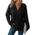 thumbnail image 6 of Womens Rib Knitted Hoodies Trendy V-Neck Hooded Sweatshirts with Button Casual Solid Long Sleeve Pullover Top Loose Tunic Drawstring Sweater Fall Outfits, 6 of 6