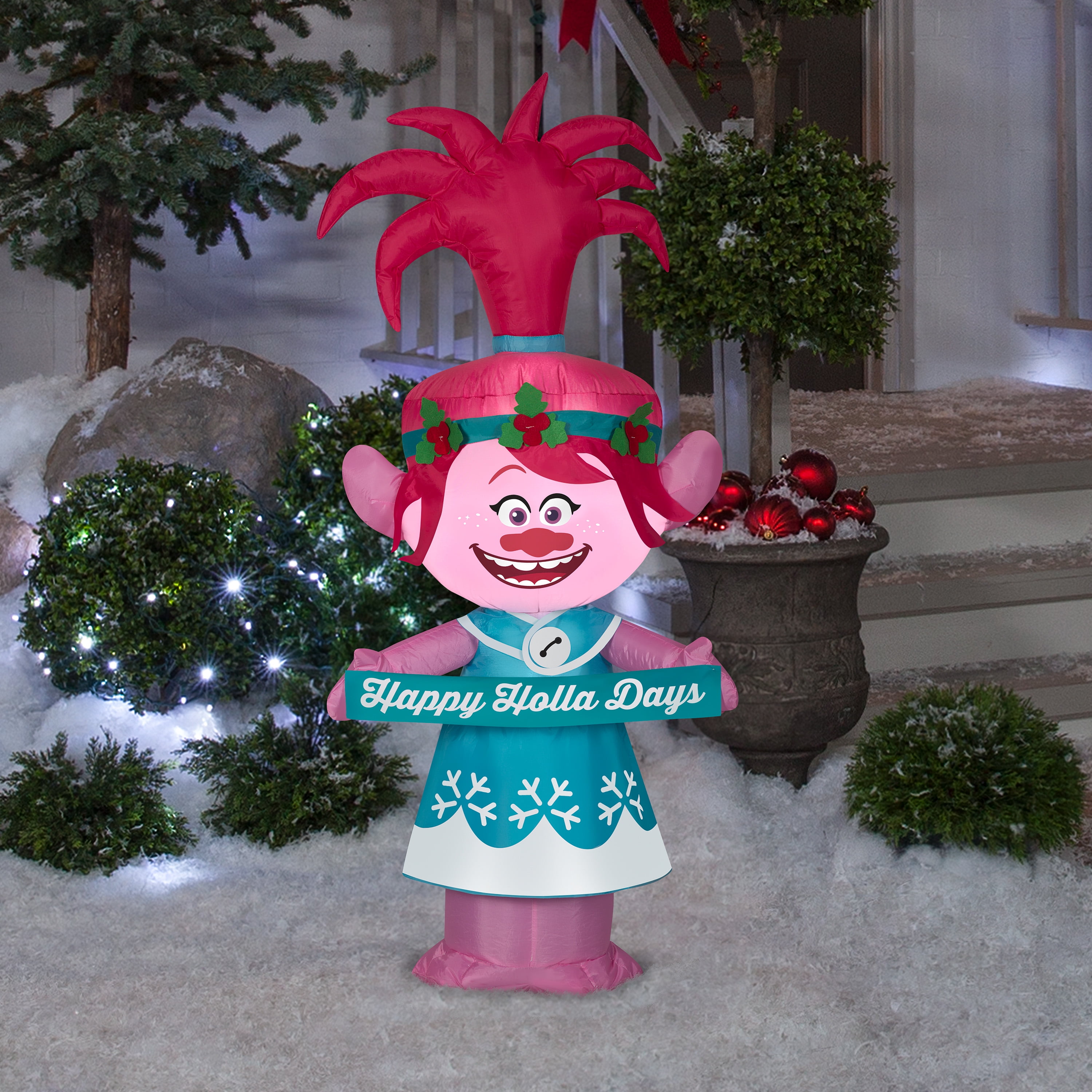 Gemmy Christmas Airblown Inflatable Poppy in Holiday Outfit w/Banner Universal, 4 ft Tall, pink