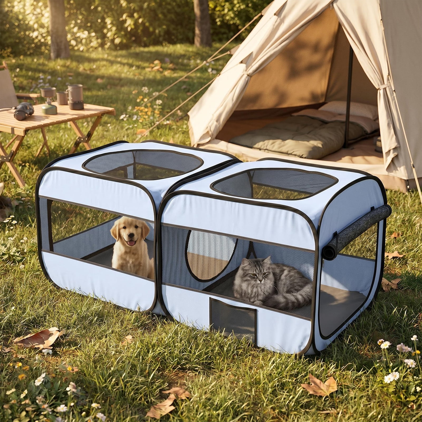 2-in-1 Pop Up Pet Playpen - Detachable 2 Separate Pens with Additional Doors, Assembly-Free Portable Foldable Kennel, Indoor Outdoor Enclosure Cage Tent for Cats Dogs Kittens Puppies Small Animals