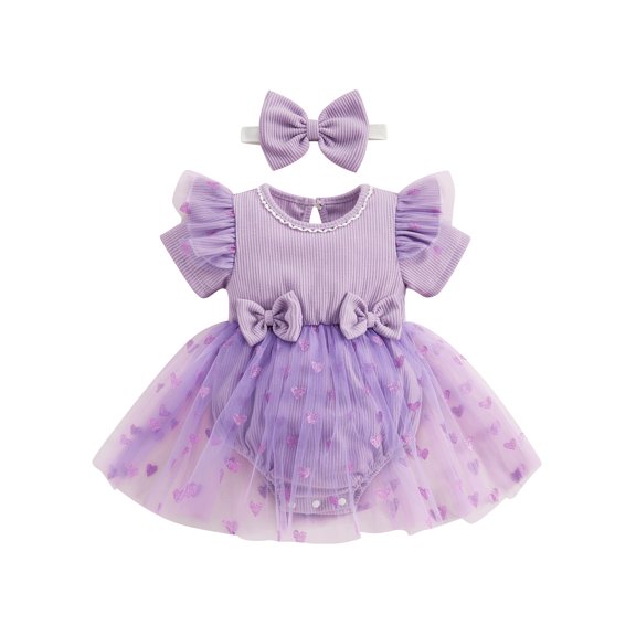 Infant Baby Girl Princess Romper Dress with Headband Short Sleeve Heart Print Romper Valentine's Day Outfit