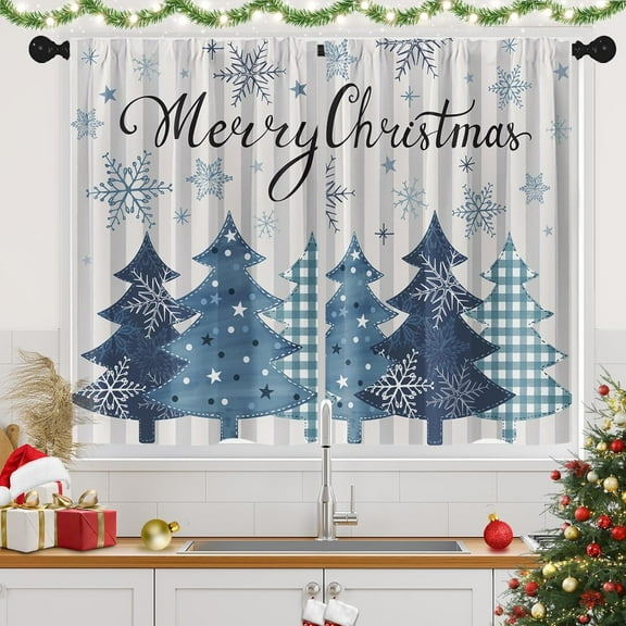 Christmas Kitchen Curtains, Blue Snowman Xmas Balls Winter Deer Snowflakes Short Window Drapes Set of 2, Window Treatment Tier Curtains for Kitchen Over Sink Dining Room Decor (28x40 Inch)