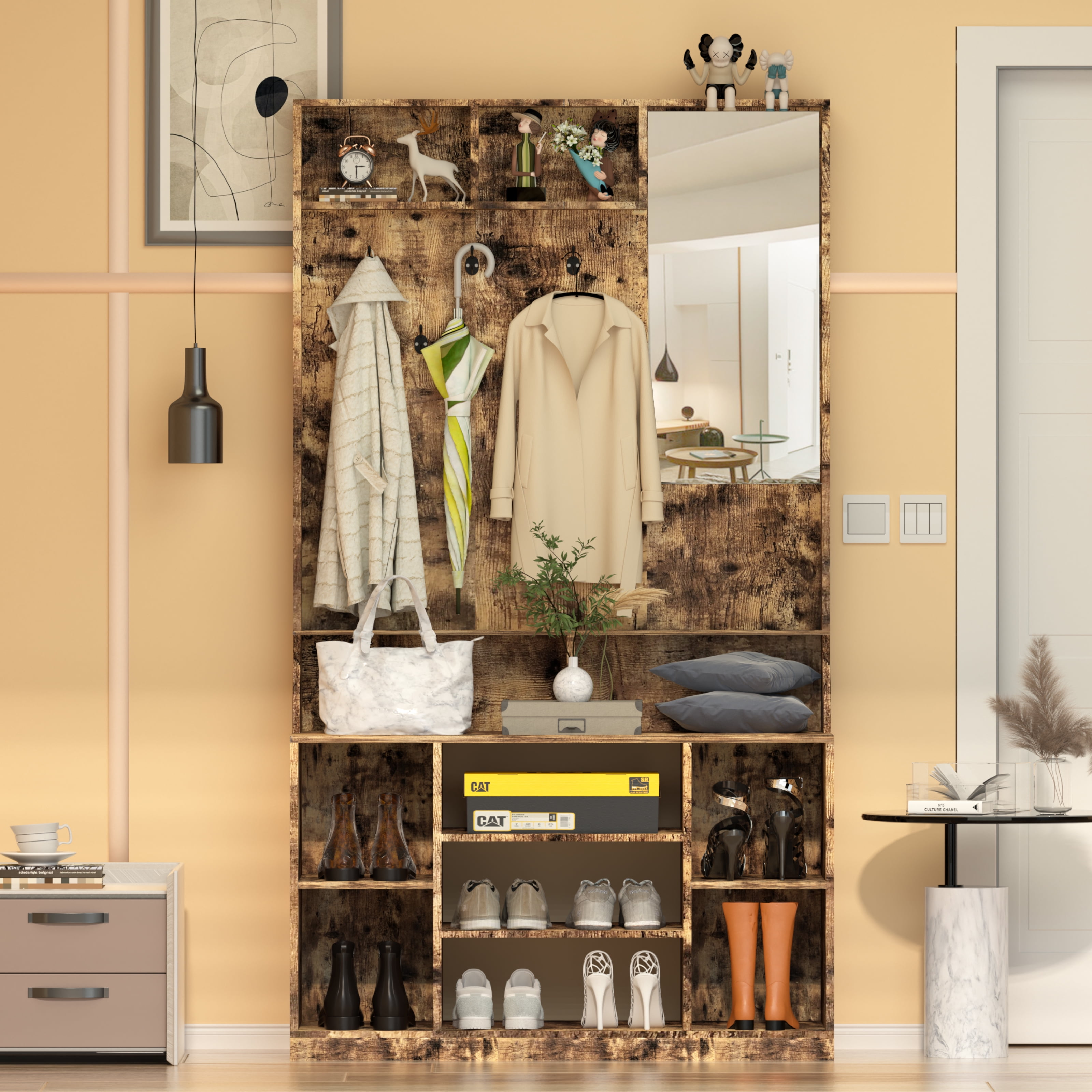 PAKASEPT 70.9” Hall Tree with Mirror & Storage Bench, Coat Rack, Shoe