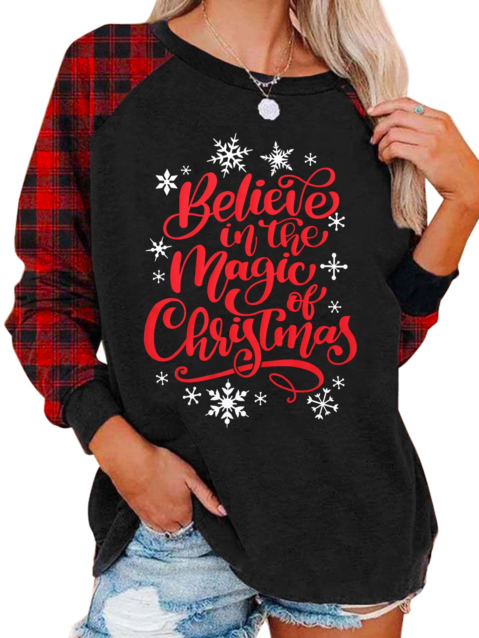 Christmas Shirts Women Believe in The Magic of Xmas Plaid Shirt