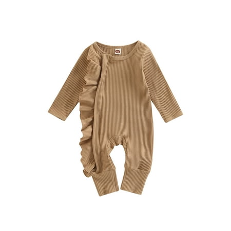 

WPNAKS Baby Girls Jumpsuit Long Sleeve Crew Neck Frills Patchwork Solid Fall Casual Romper