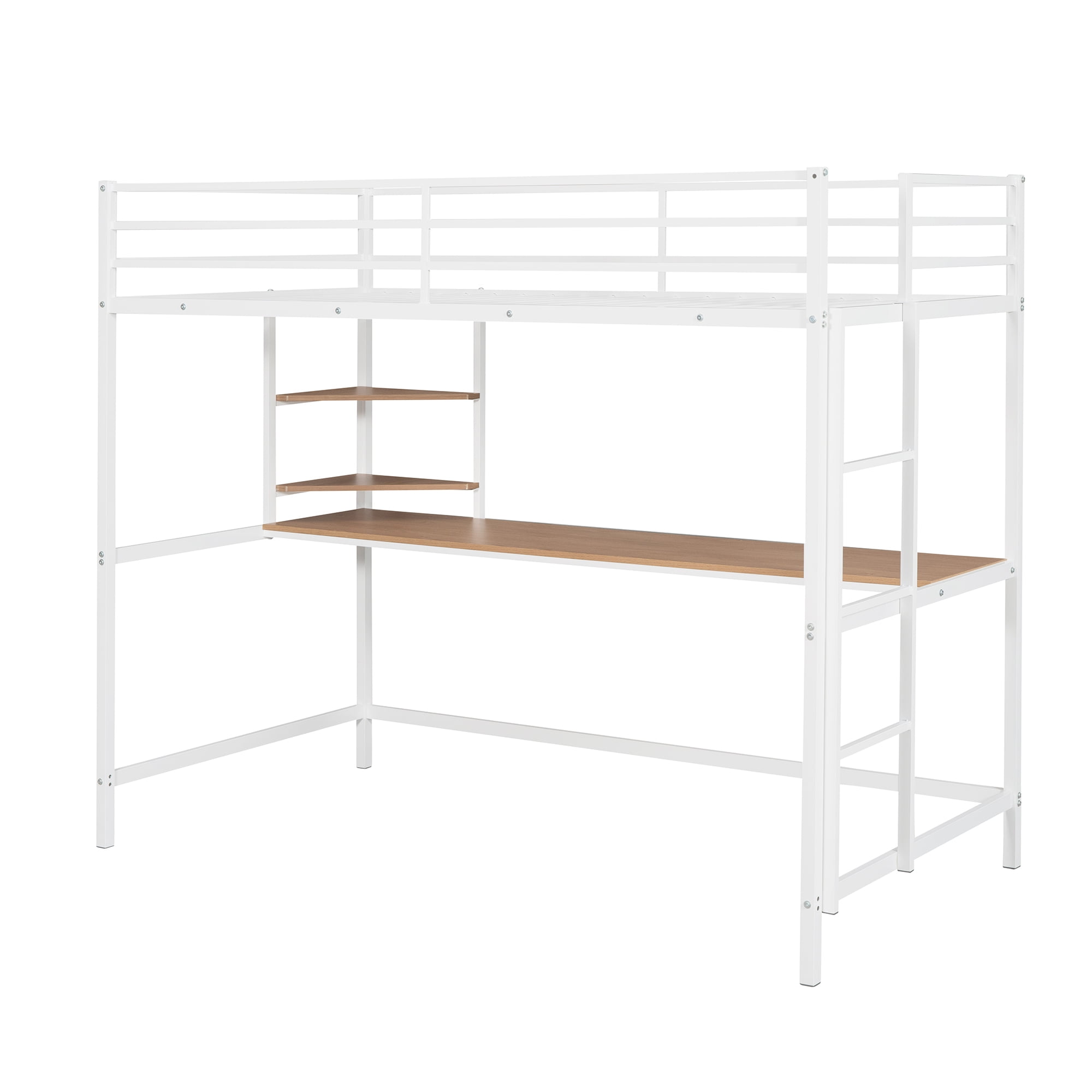 Gewnee Twin Heavy Duty Metal Loft Bed Frame with Desk and Shelves ,Ladder and Full-Length Guardrail,White