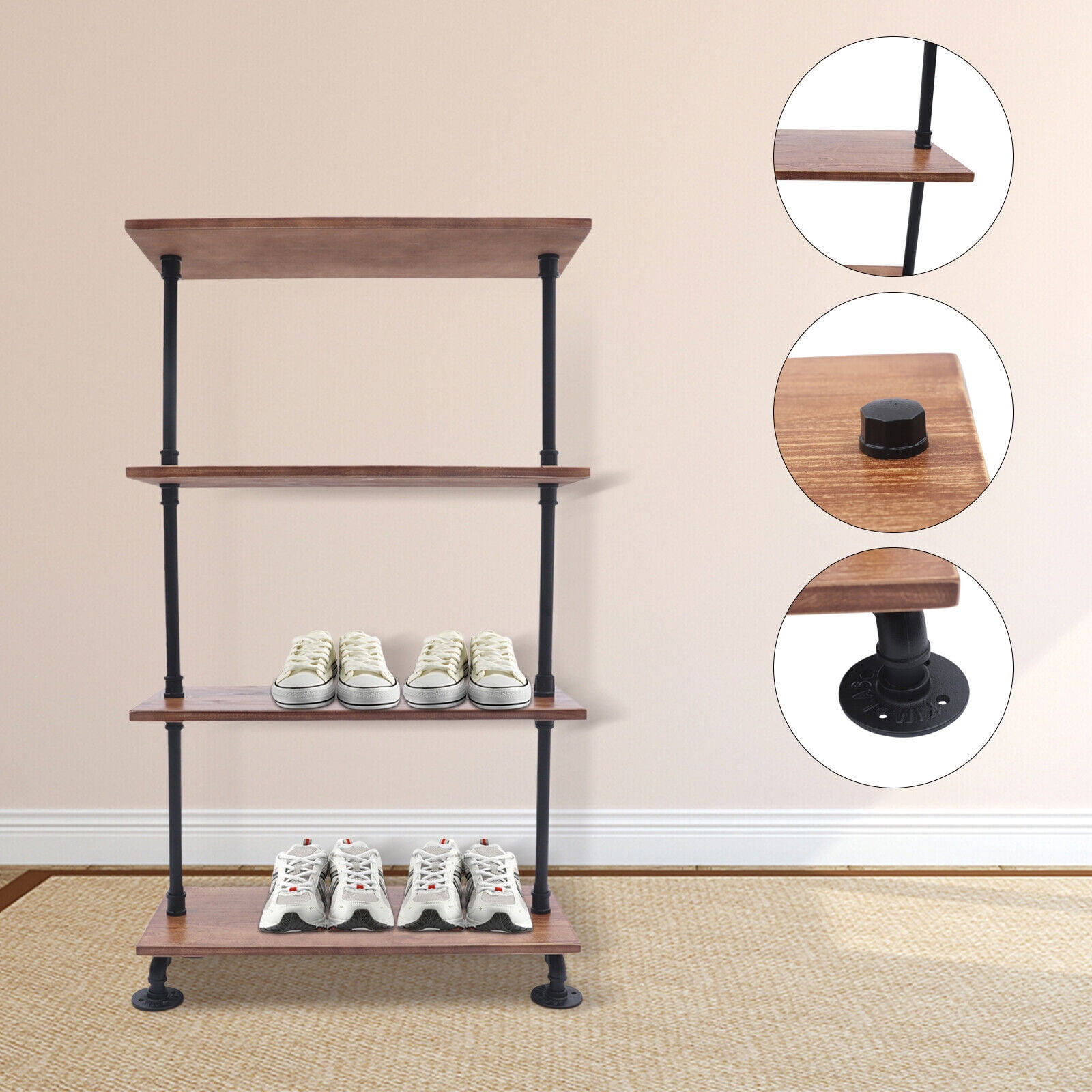 4 Tiers Black Metal Shoe Rack for Entryway Industrial Freestanding Wood