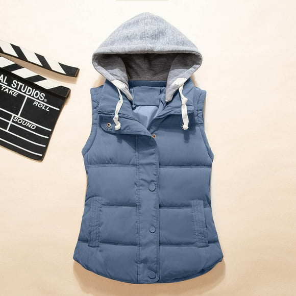 Bmisegm Ladies Fashion Pure Color Zipper Cotton Waistcoat Waistcoat Short Warm Vest Jackets for Women Blue XL