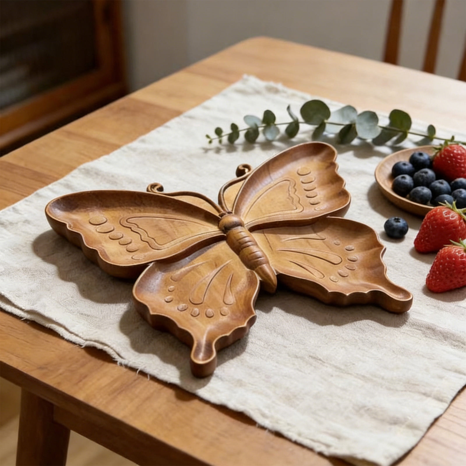 Rwvbm Vintage Butterfly Wooden Serving Tray, Hand-Carved Decorative Fruit Plate for Easter Snacks and Desserts, Divided Food Storage Organizer